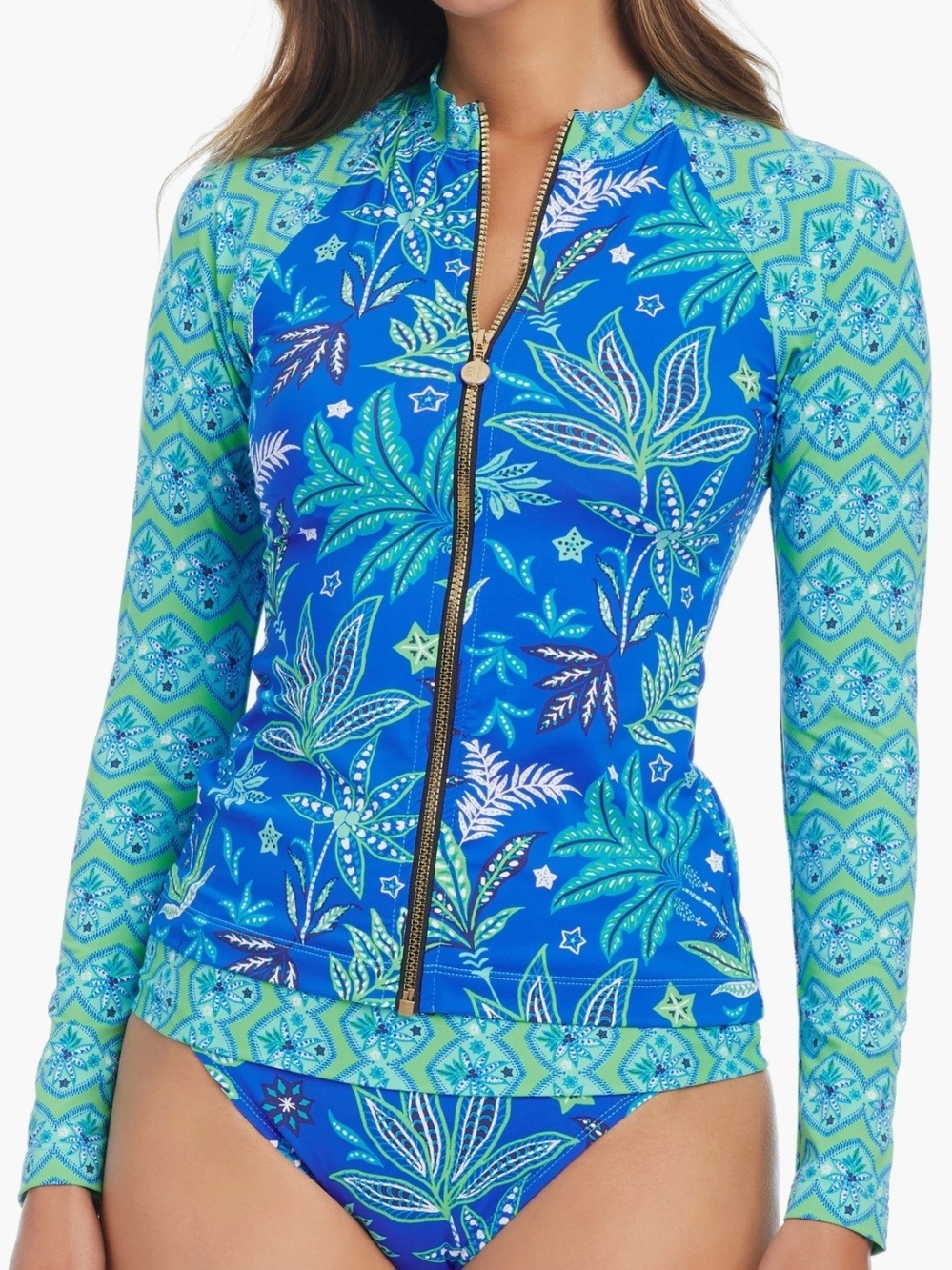 BLEU Rod Beattie Desert Bloom Long Sleeve Zip Rashguard Blue Green M Surf